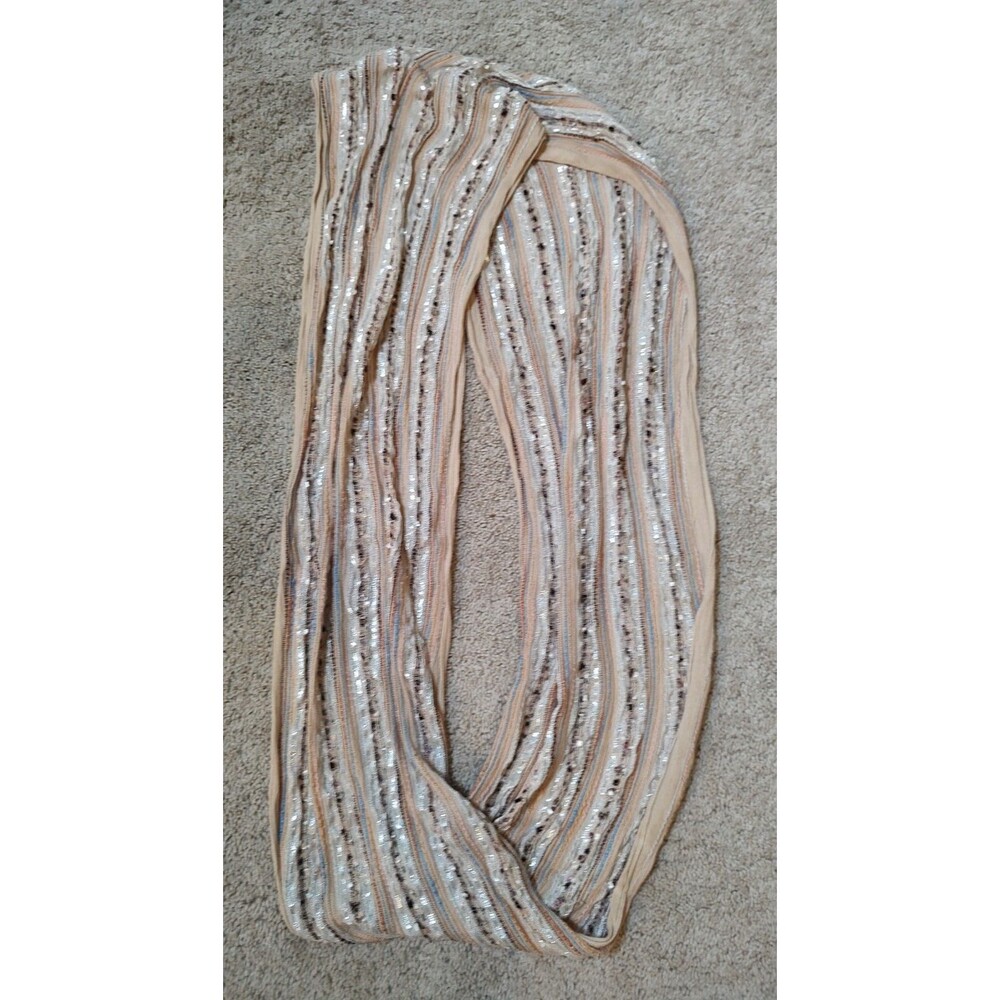 Charming Charlie infinity scarf gauzy brown silver metallic accents 12 x 70"